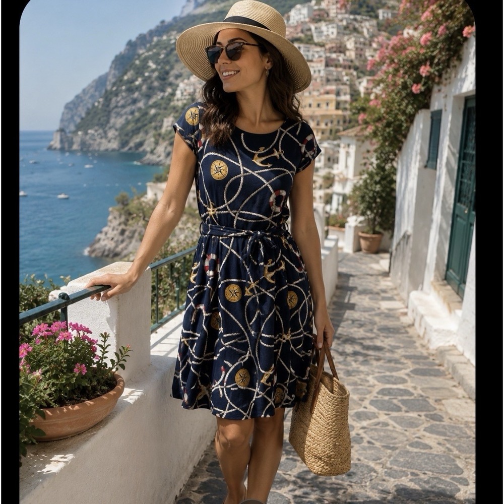 LAUREN RALPH LAUREN Nautical Anchor Blue Short Sleeve A-Line Dress Size M